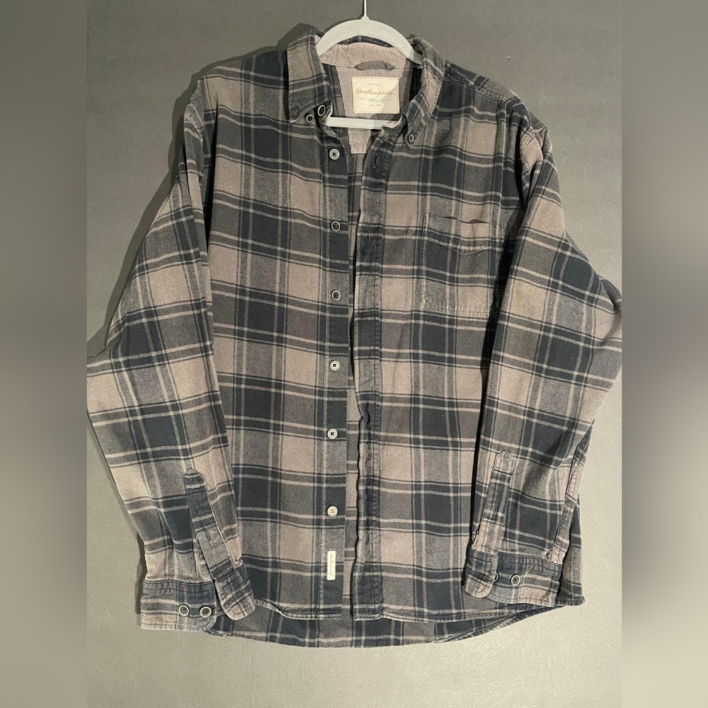 Weatherproof Vintage  Men's Dark Gray Plaid Button Down Shirt 100% Cotton